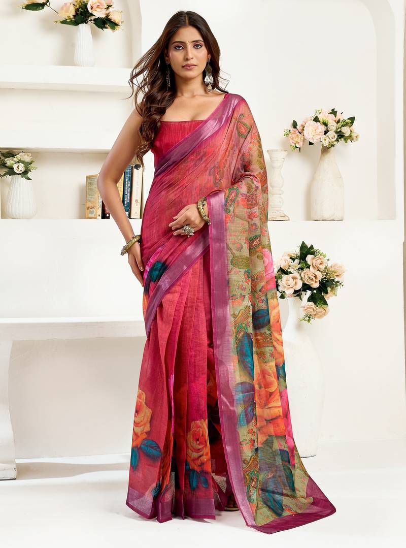 Dark pink printed linen pre draped  saree with blouse