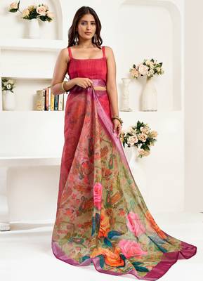Dark pink printed linen pre draped  saree with blouse 3
