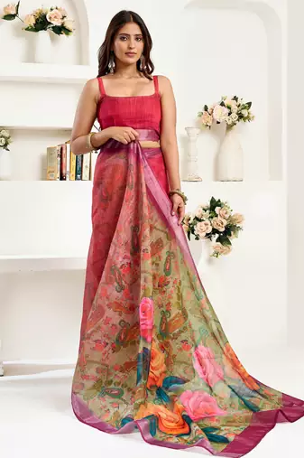 Dark pink printed linen pre draped  saree with blouse