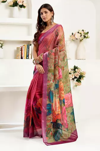 Dark pink printed linen pre draped  saree with blouse