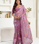 Dusty pink printed linen pre draped  saree with blouse