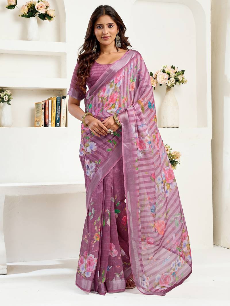 Dusty pink printed linen pre draped  saree with blouse