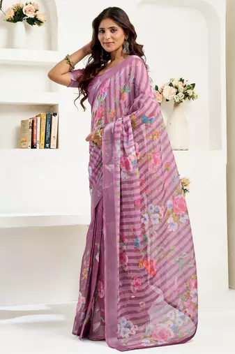Dusty pink printed linen pre draped  saree with blouse