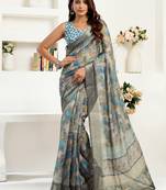 Grey printed linen pre draped  saree with blouse