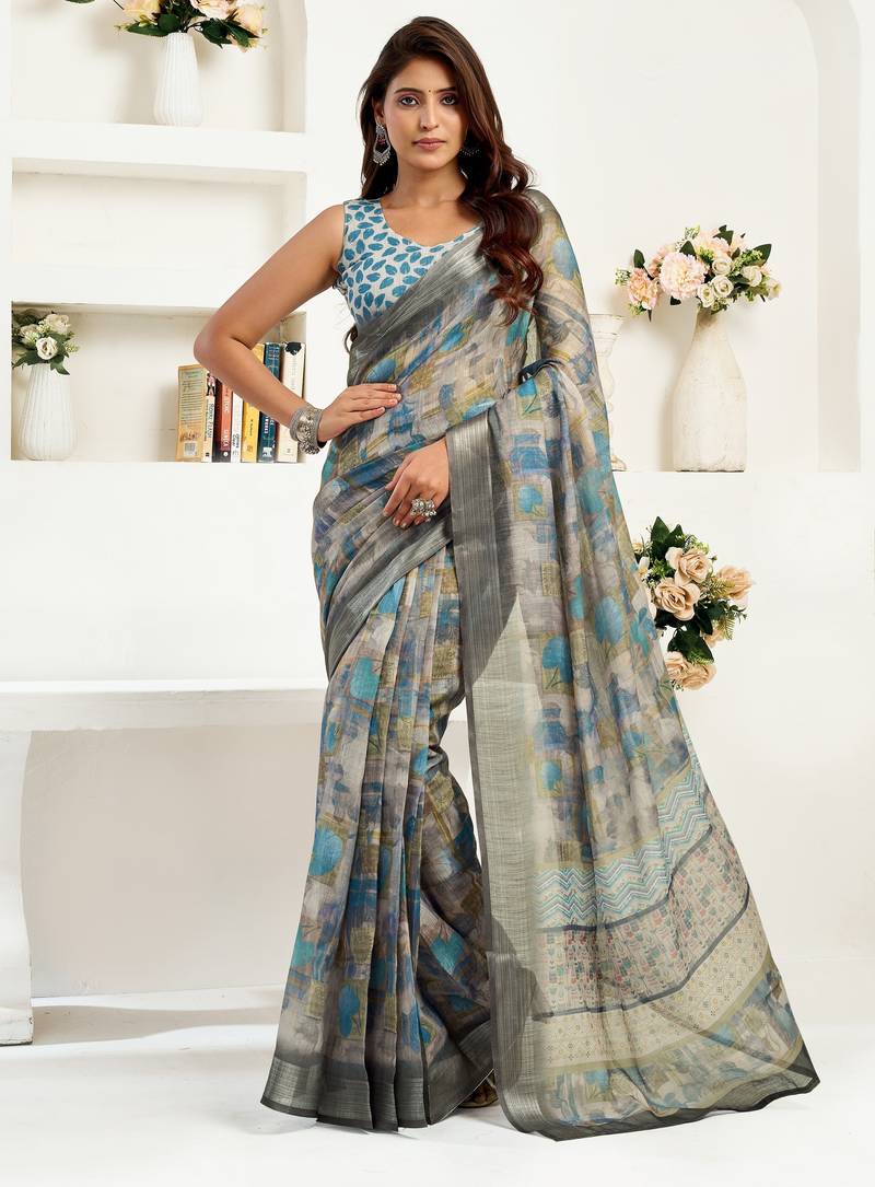 Grey printed linen pre draped  saree with blouse