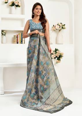 Grey printed linen pre draped  saree with blouse 2
