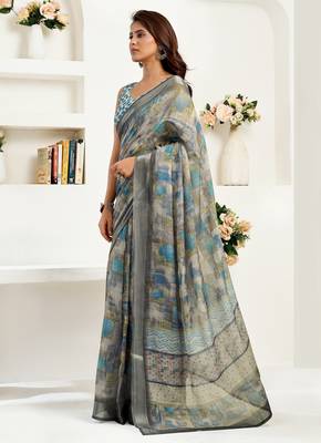 Grey printed linen pre draped  saree with blouse 3