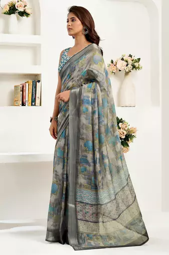 Grey printed linen pre draped  saree with blouse