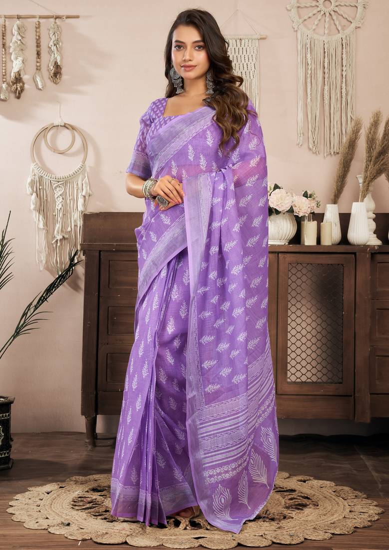 Lavender printed linen pre draped  saree with blouse