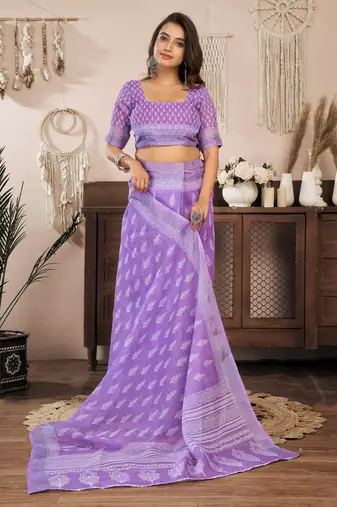 Lavender printed linen pre draped  saree with blouse