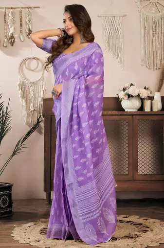 Lavender printed linen pre draped  saree with blouse
