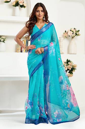 Light blue printed linen pre draped  saree with blouse