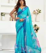 Light blue printed linen pre draped  saree with blouse