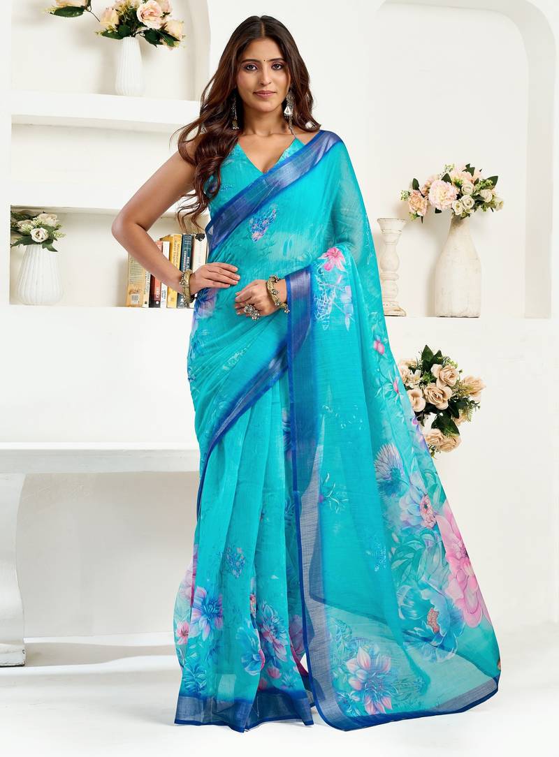 Light blue printed linen pre draped  saree with blouse