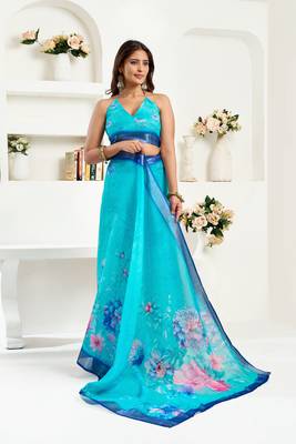 Light blue printed linen pre draped  saree with blouse 3