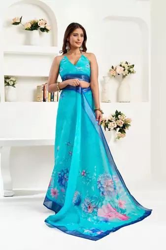 Light blue printed linen pre draped  saree with blouse