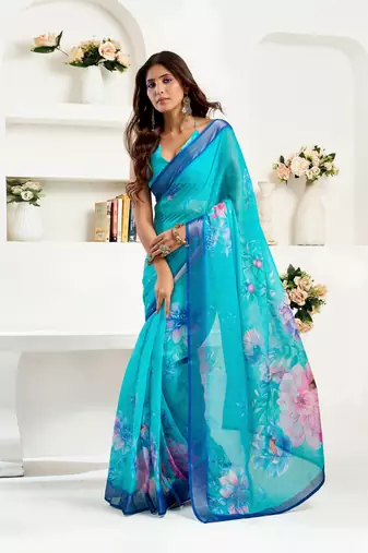 Light blue printed linen pre draped  saree with blouse