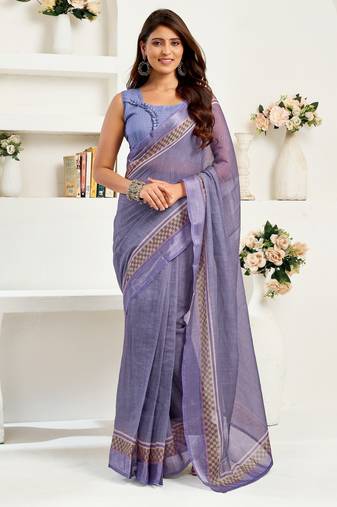 Light lavender printed linen pre draped  saree with blouse
