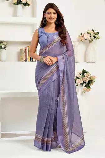 Light lavender printed linen pre draped  saree with blouse