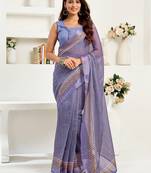Light lavender printed linen pre draped  saree with blouse