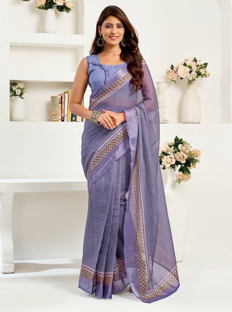 Light lavender printed linen pre draped  saree with blouse