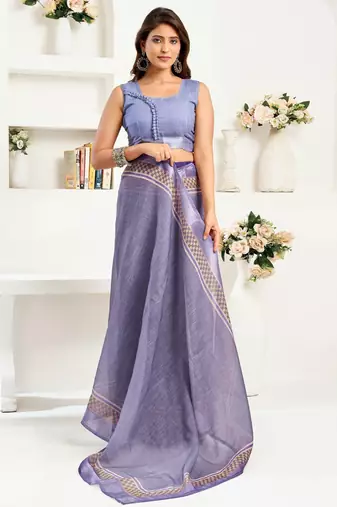 Light lavender printed linen pre draped  saree with blouse