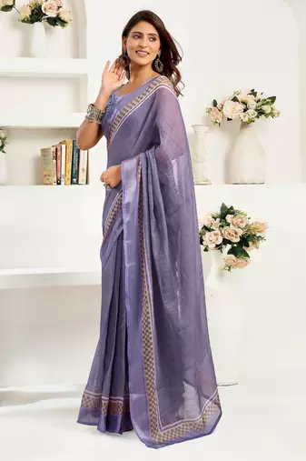 Light lavender printed linen pre draped  saree with blouse