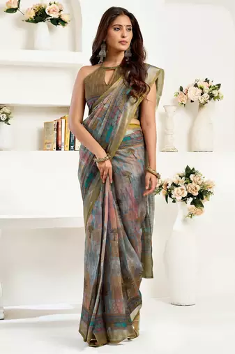 Multicolor printed linen pre draped  saree with blouse