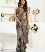Multicolor printed linen pre draped  saree with blouse