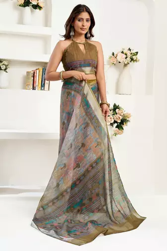 Multicolor printed linen pre draped  saree with blouse