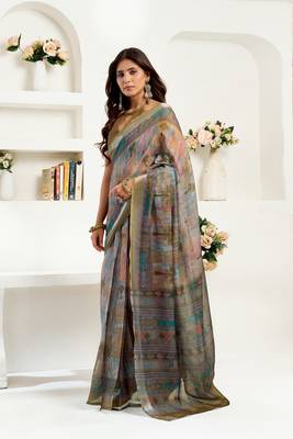 Multicolor printed linen pre draped  saree with blouse 4