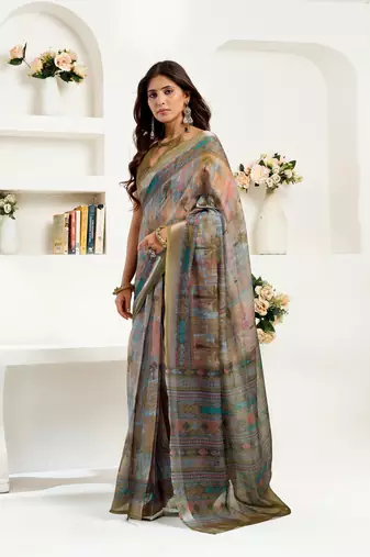 Multicolor printed linen pre draped  saree with blouse