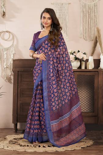 Navy blue printed linen pre draped  saree with blouse