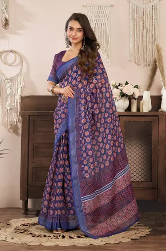 Navy blue printed linen pre draped  saree with blouse