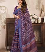 Navy blue printed linen pre draped  saree with blouse