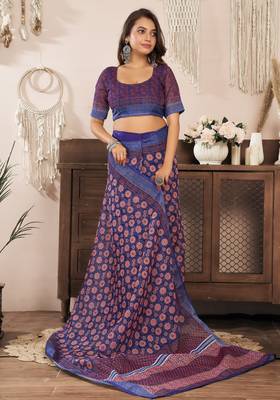 Navy blue printed linen pre draped  saree with blouse 3