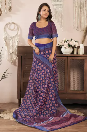 Navy blue printed linen pre draped  saree with blouse