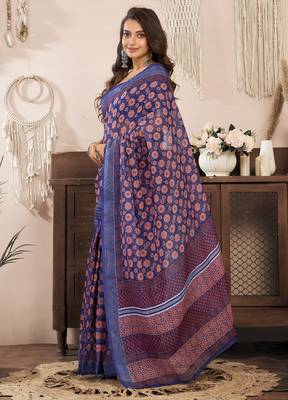 Navy blue printed linen pre draped  saree with blouse 4