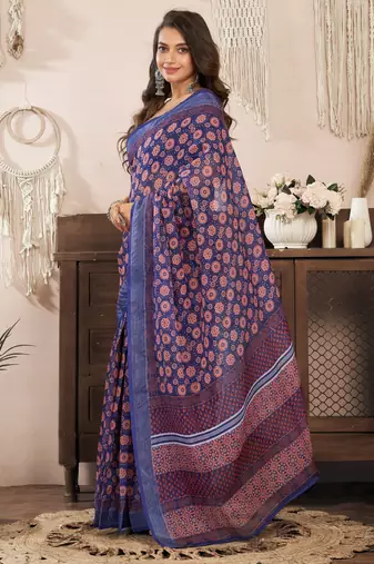 Navy blue printed linen pre draped  saree with blouse