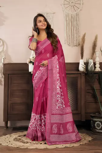 Pink printed linen pre draped  saree with blouse