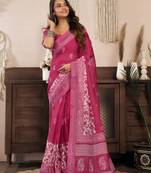 Pink printed linen pre draped  saree with blouse