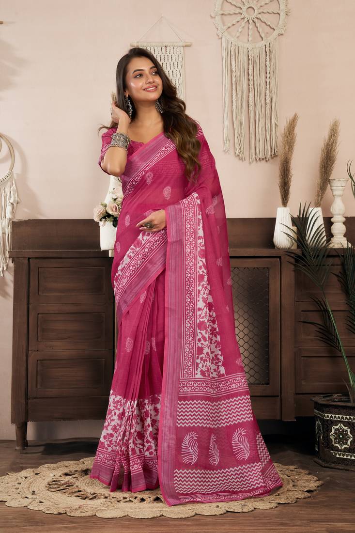 Pink printed linen pre draped  saree with blouse