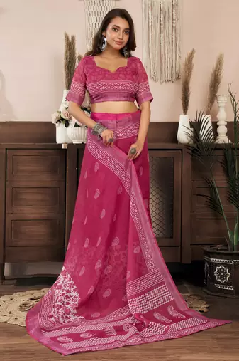Pink printed linen pre draped  saree with blouse