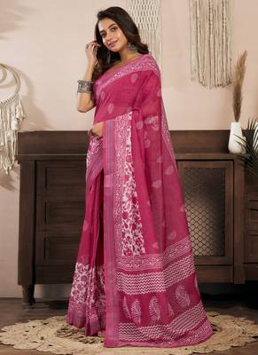 Pink printed linen pre draped  saree with blouse 4