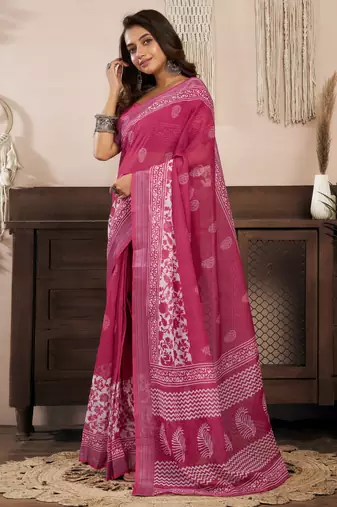 Pink printed linen pre draped  saree with blouse