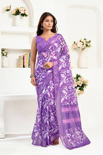 Purple printed linen pre draped  saree with blouse