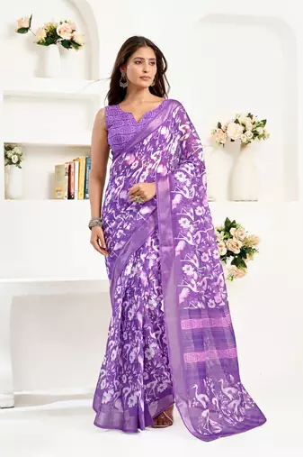 Purple printed linen pre draped  saree with blouse