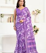 Purple printed linen pre draped  saree with blouse