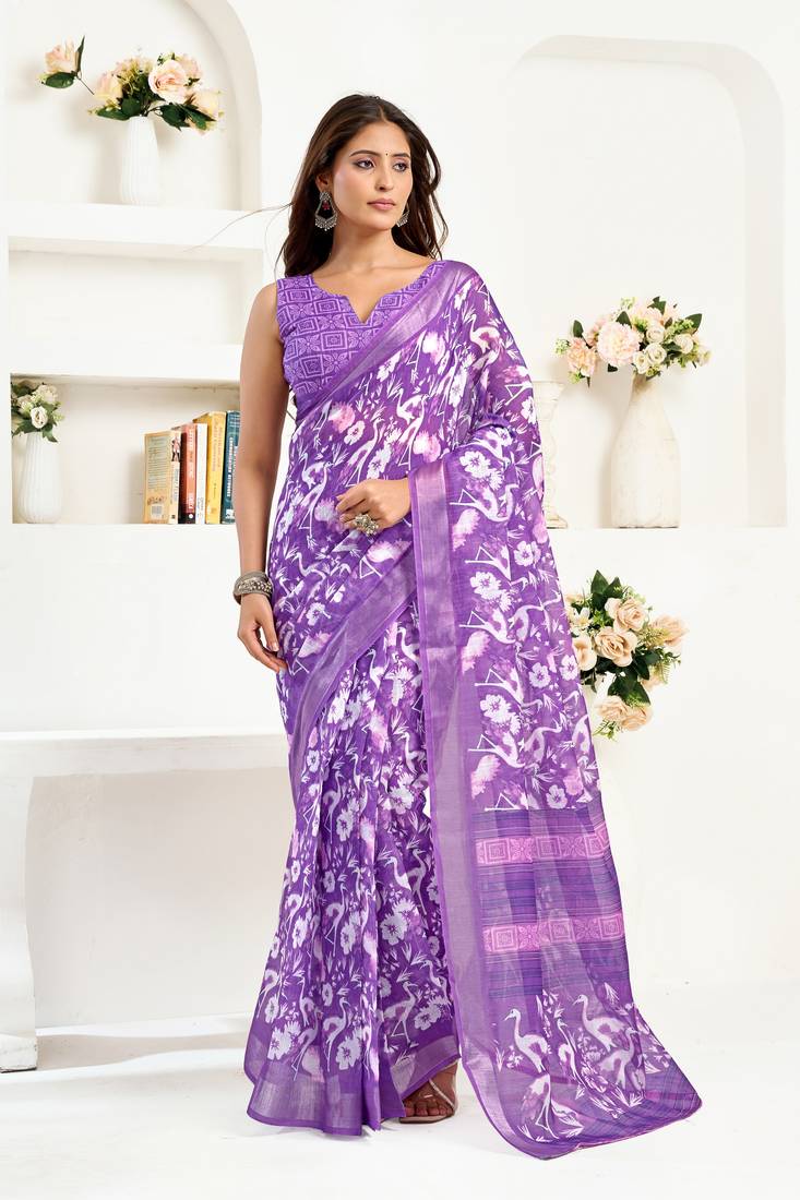 Purple printed linen pre draped  saree with blouse
