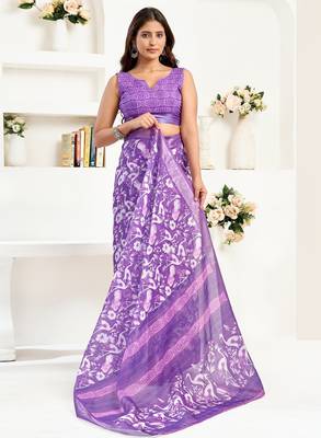 Purple printed linen pre draped  saree with blouse 3